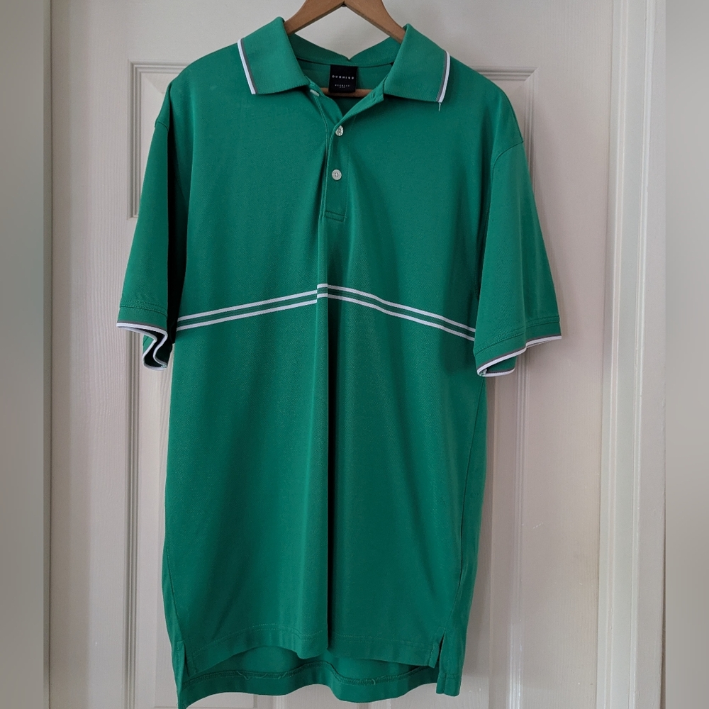 Dunning Green Polo Shirt With Two Thin White Stripes Size Medium
